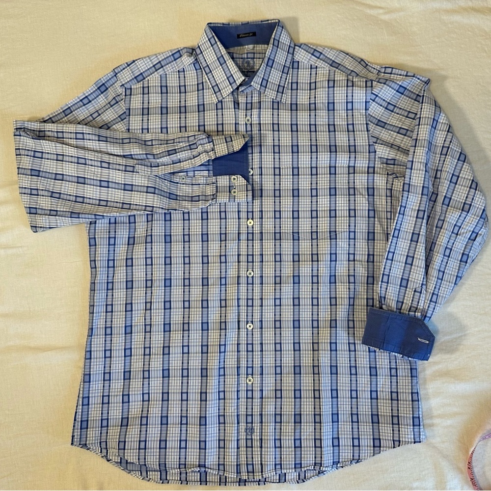 Bugatchi Uomo Long Sleeve‎ Button Down Blue Plaid Contrast Cuff Shirt Men's L